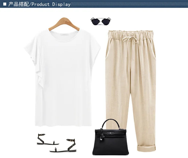 Cotton Linen Pants, Elastic Mid Waist Ankle, Female Slacks Size M-5XL 6XL 7XL 8XL