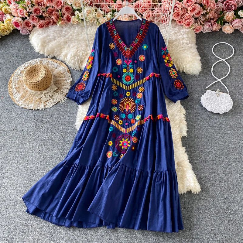 Vintage Women Floral Embroidery Beach Dress