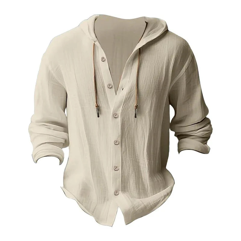 Men's solid color casual shirt, hooded drawstring
