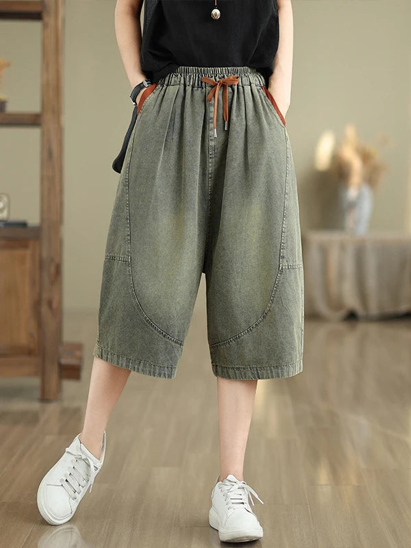 Retro Distressed Denim Belted Slimming Casual Wide Leg Pant
