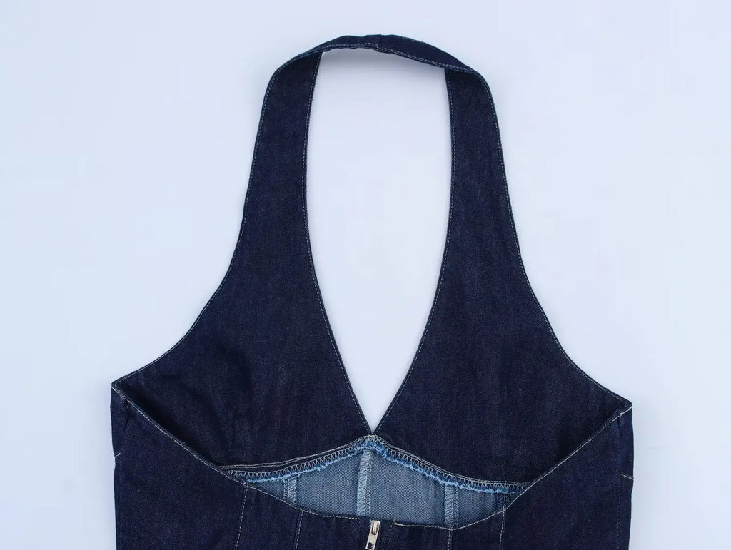 New Fashion Women Sexy Backless Denim Halter Mini Dress