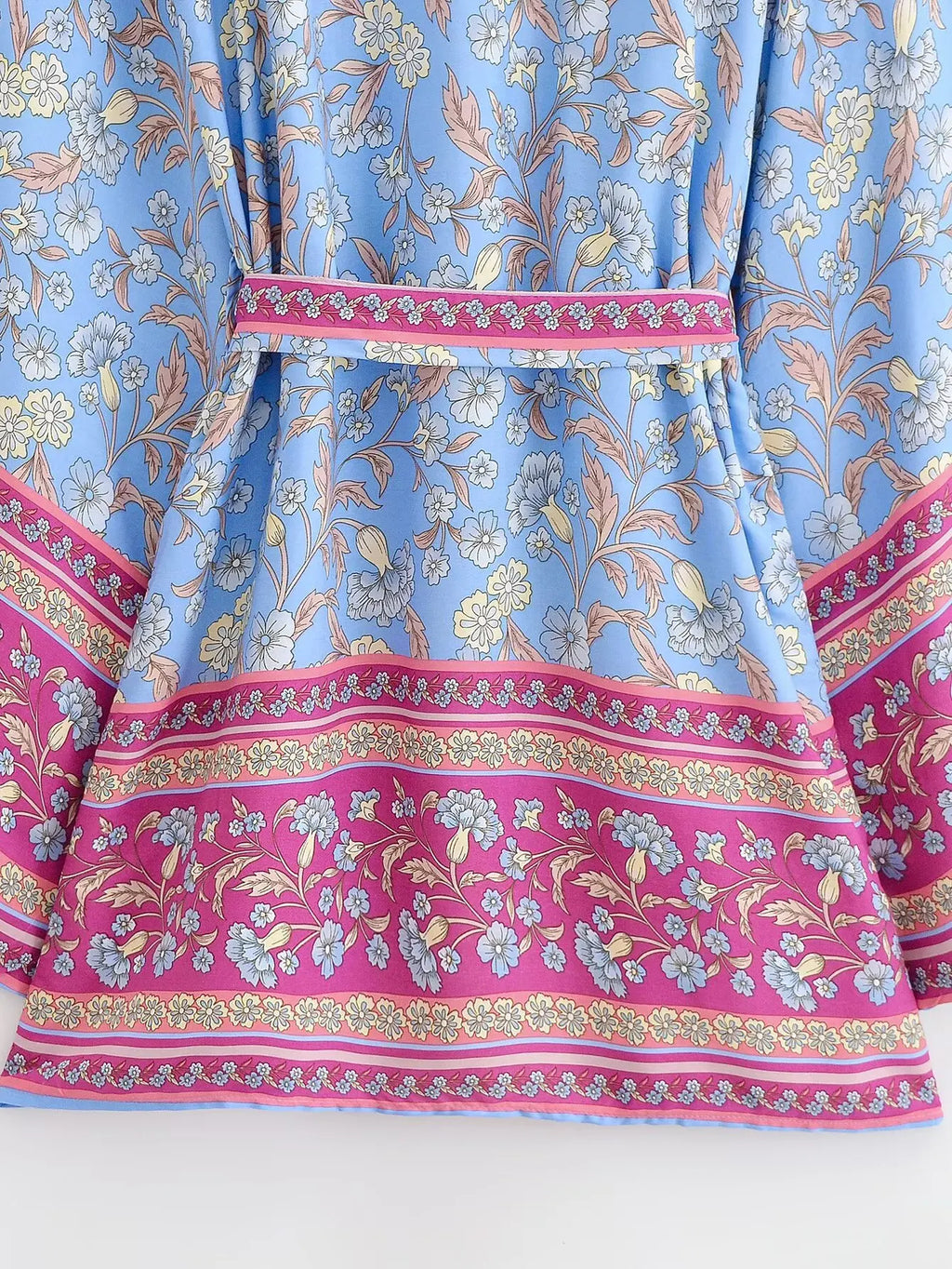 BOHO Women Light Blue Contrast Floral Print Kimono Shirt