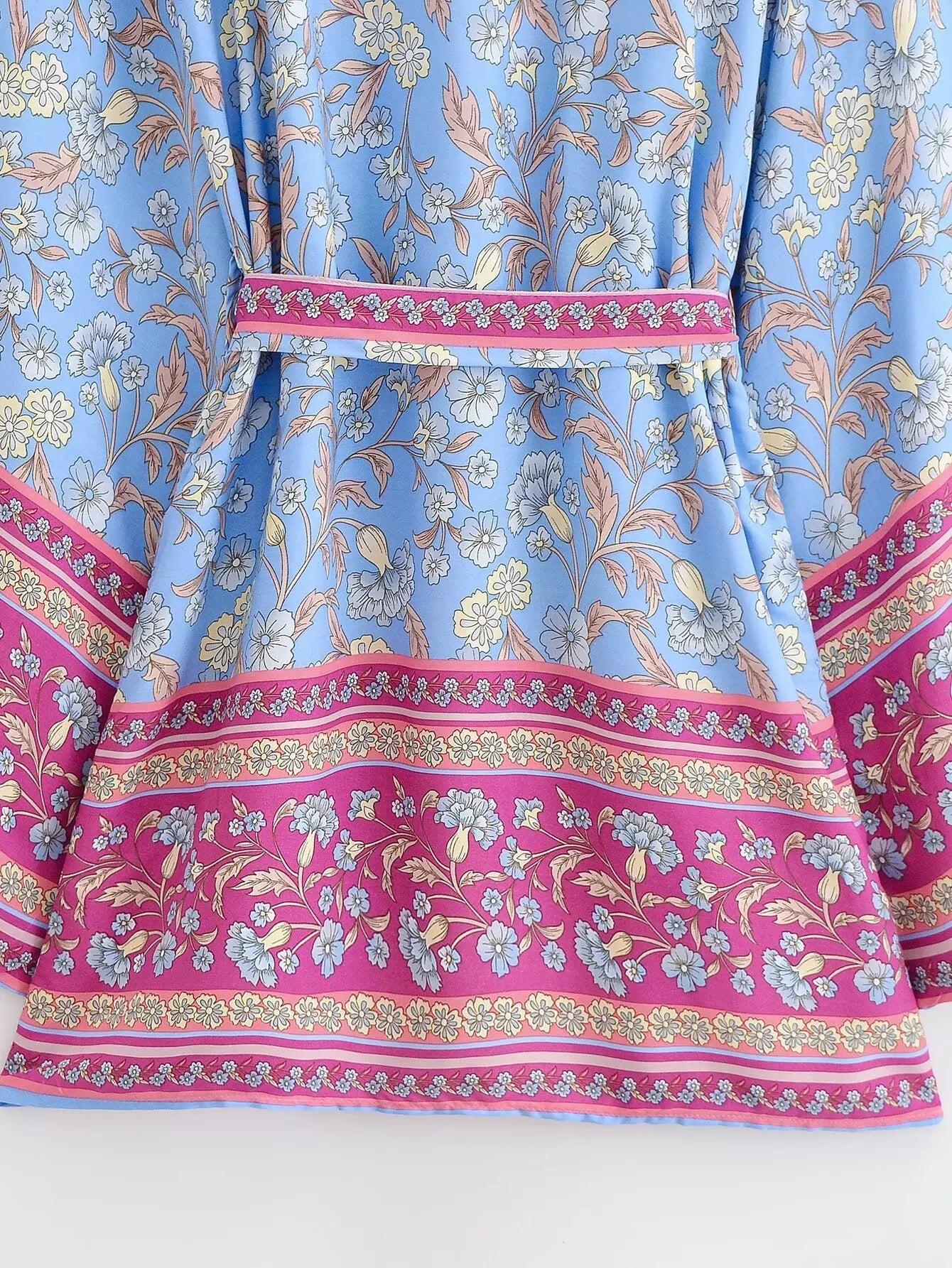 BOHO Women Light Blue Contrast Floral Print Kimono Shirt