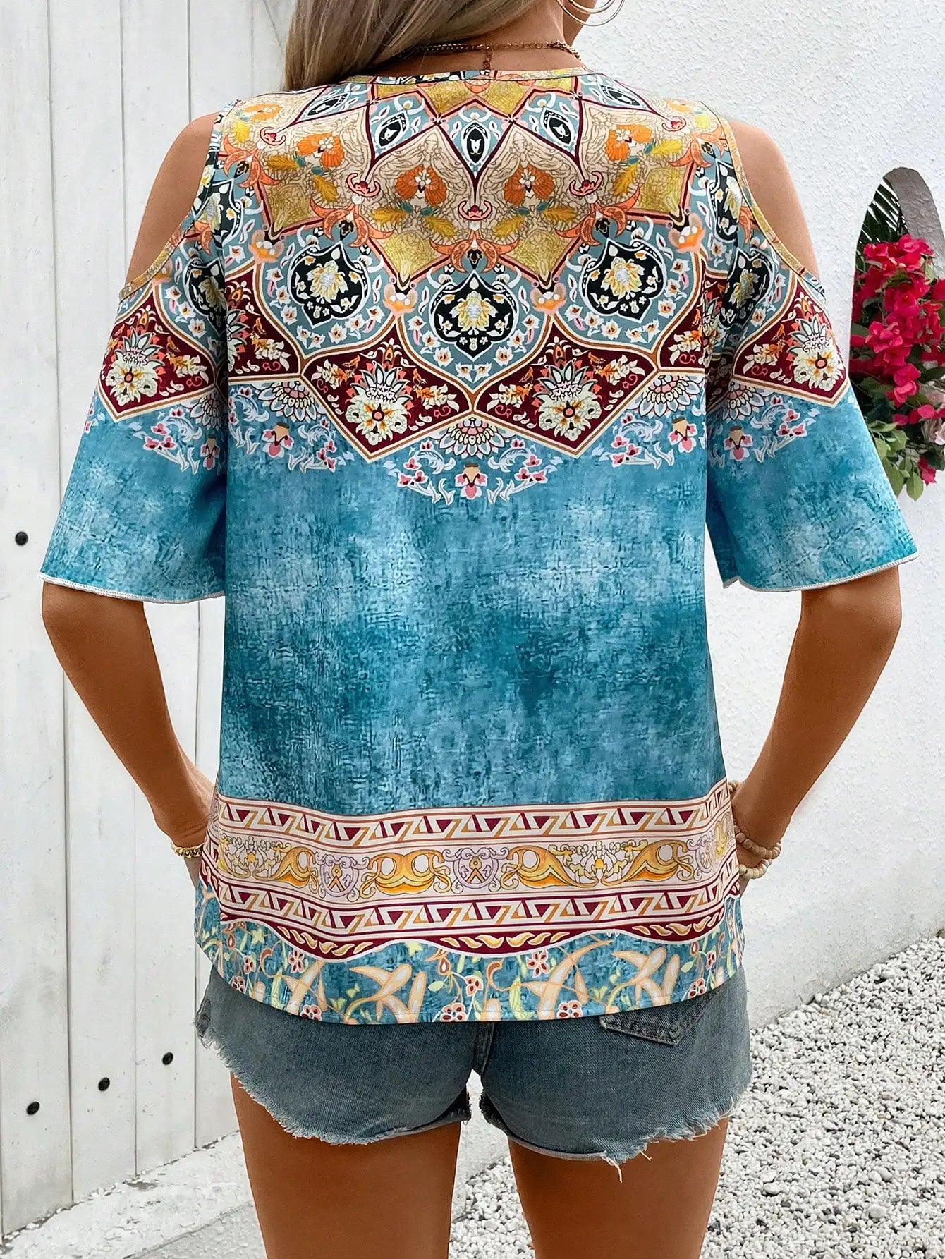 Minimalist Boho Print Cold Shoulder Top