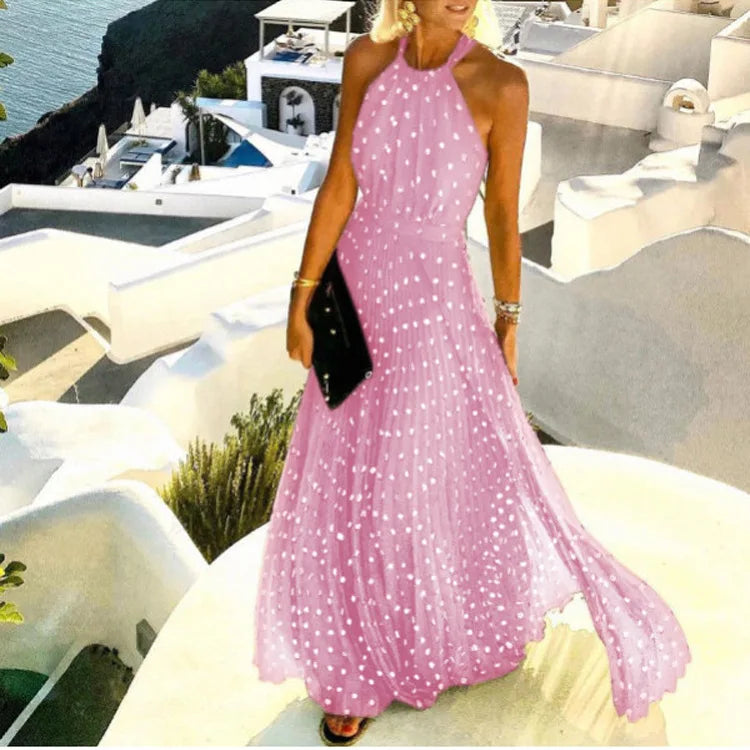 Women Boho Polka Dot Print Chiffon Pleated Maxi Dress