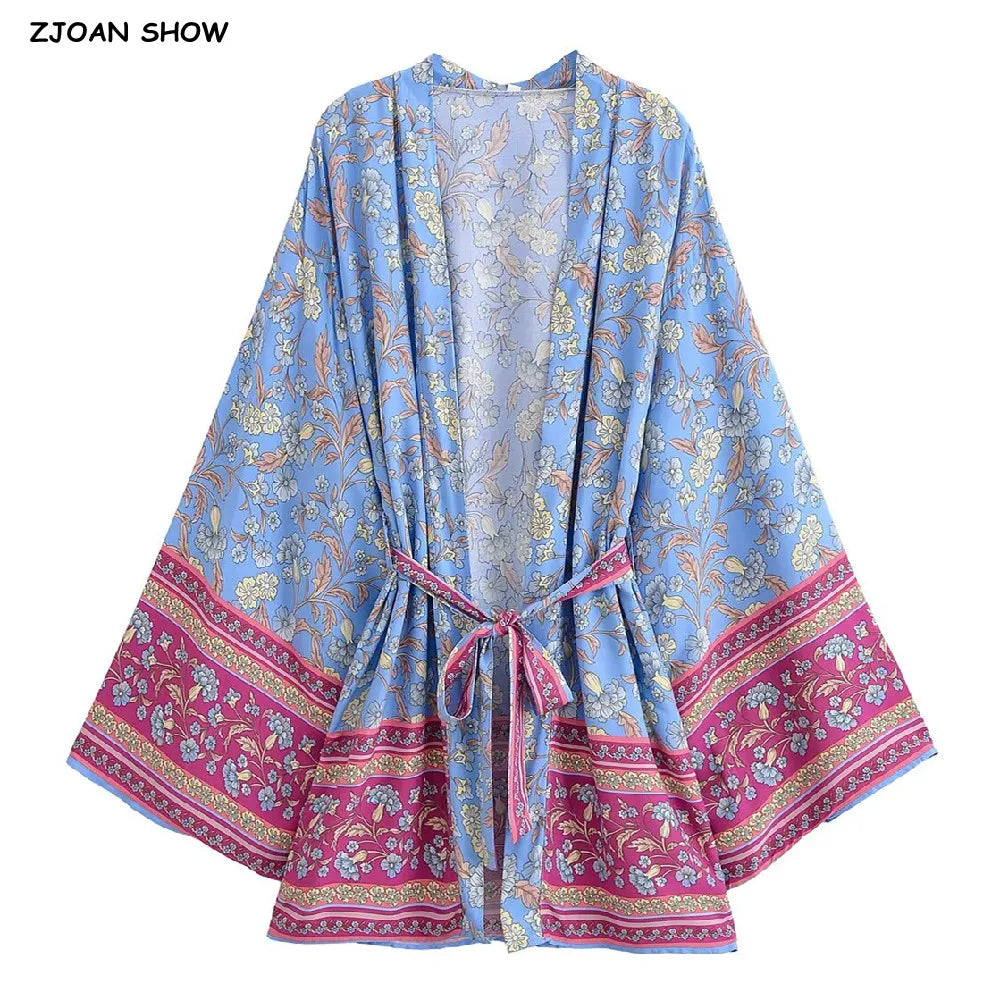 BOHO Women Light Blue Contrast Floral Print Kimono Shirt