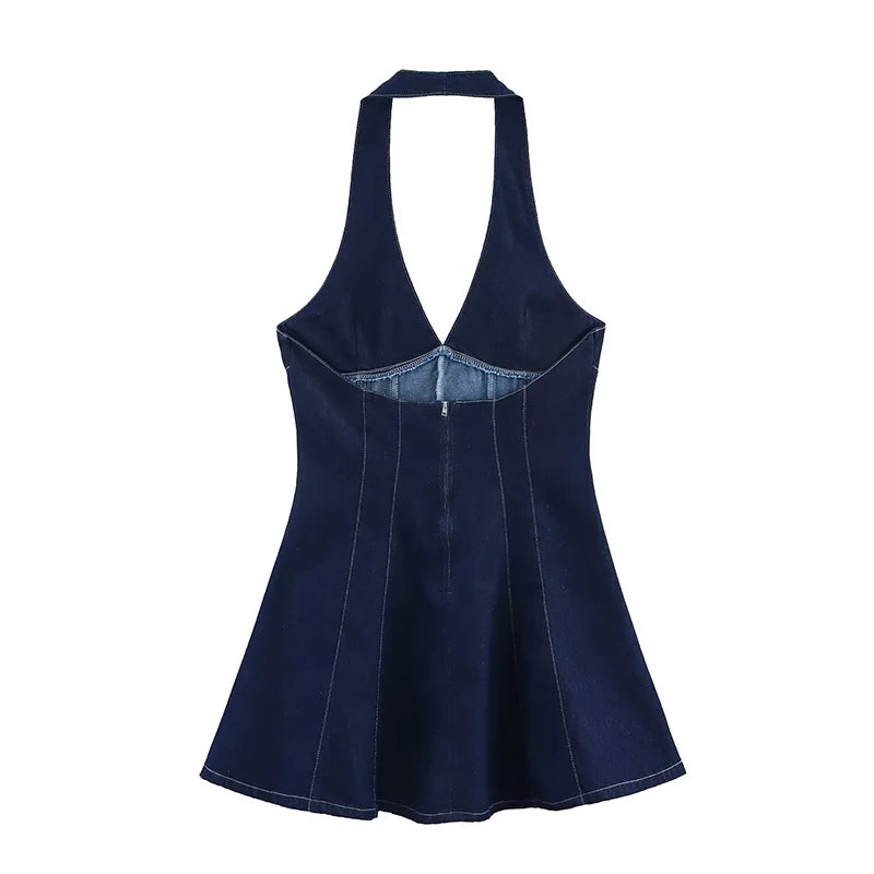 New Fashion Women Sexy Backless Denim Halter Mini Dress