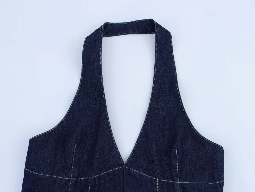New Fashion Women Sexy Backless Denim Halter Mini Dress