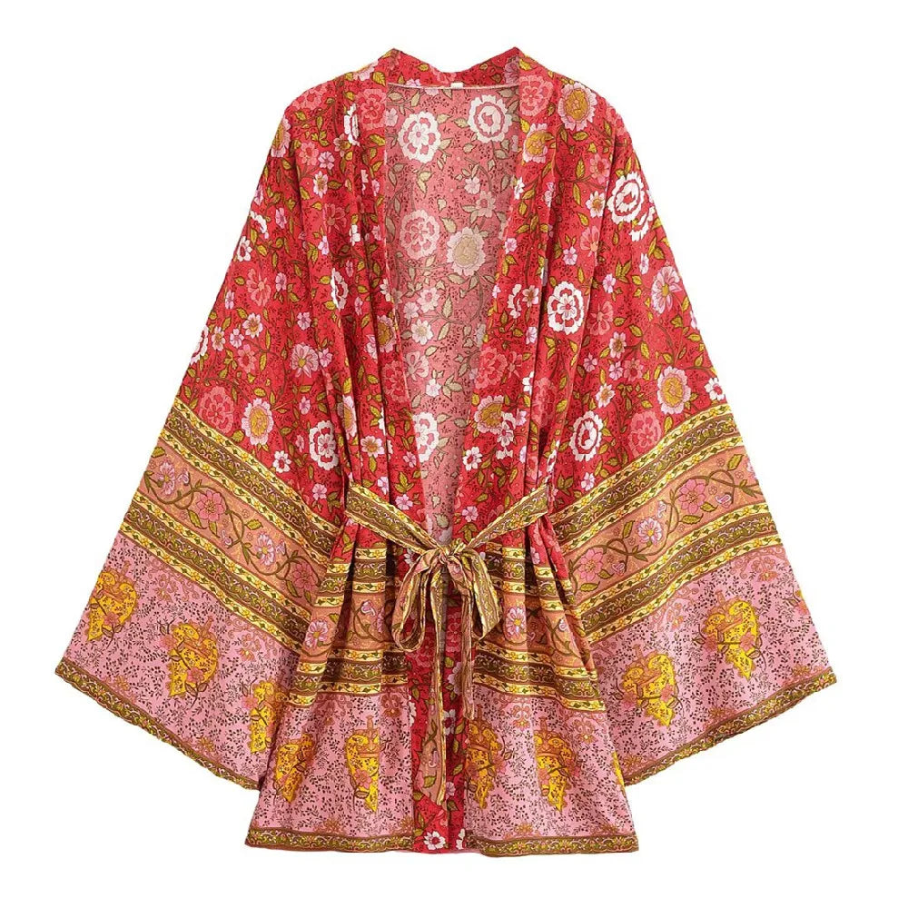 BOHO Women Light Blue Contrast Floral Print Kimono Shirt