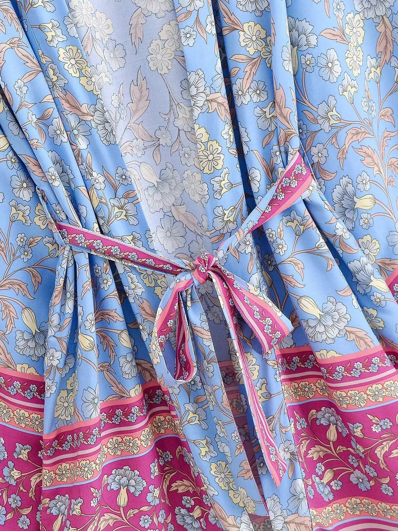 BOHO Women Light Blue Contrast Floral Print Kimono Shirt