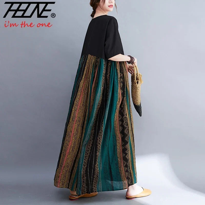 Dress for Women Plus Size Casual Cotton Linen Loose Bohemian Maxi