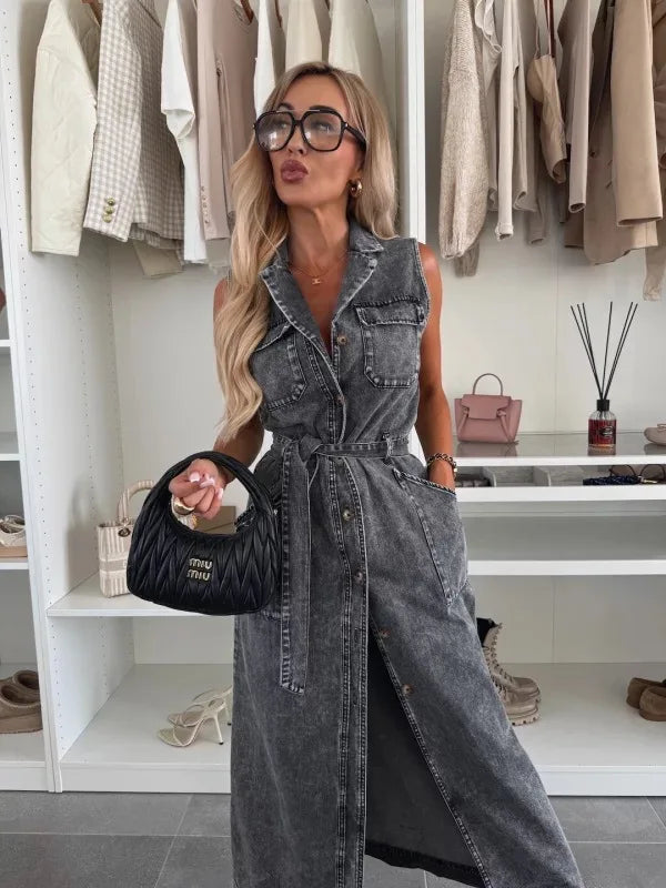 Casual Sleeveless Denim Long Dresses For Women
