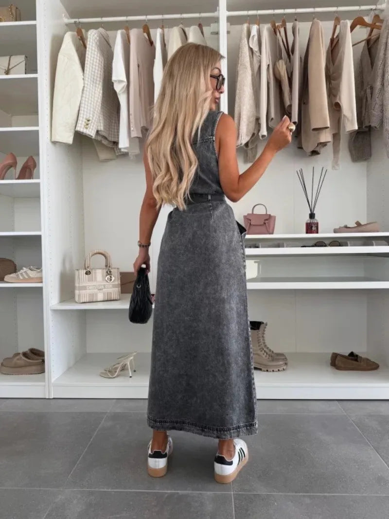 Casual Sleeveless Denim Maxi Shirt