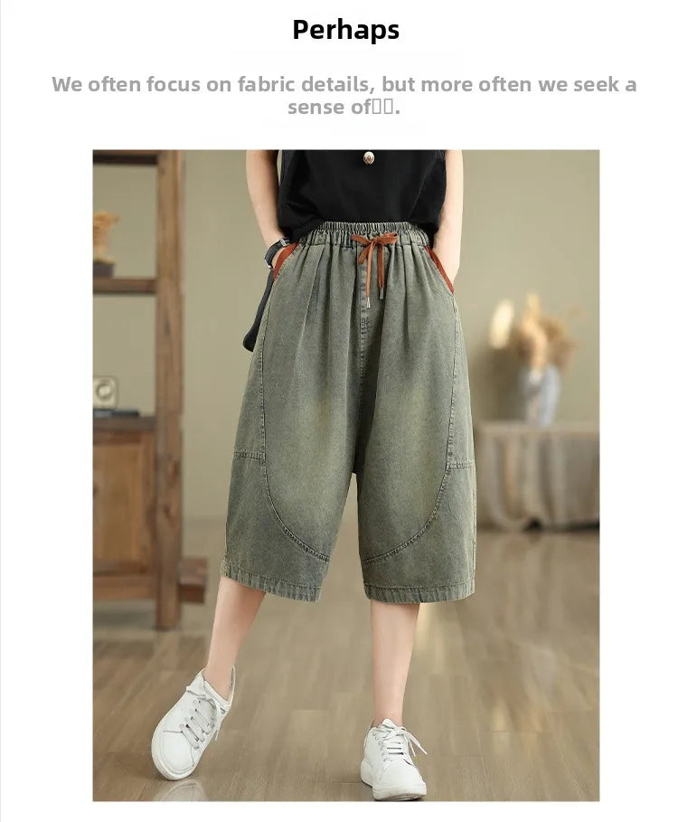 Retro Distressed Denim Belted Slimming Casual Wide Leg Pant