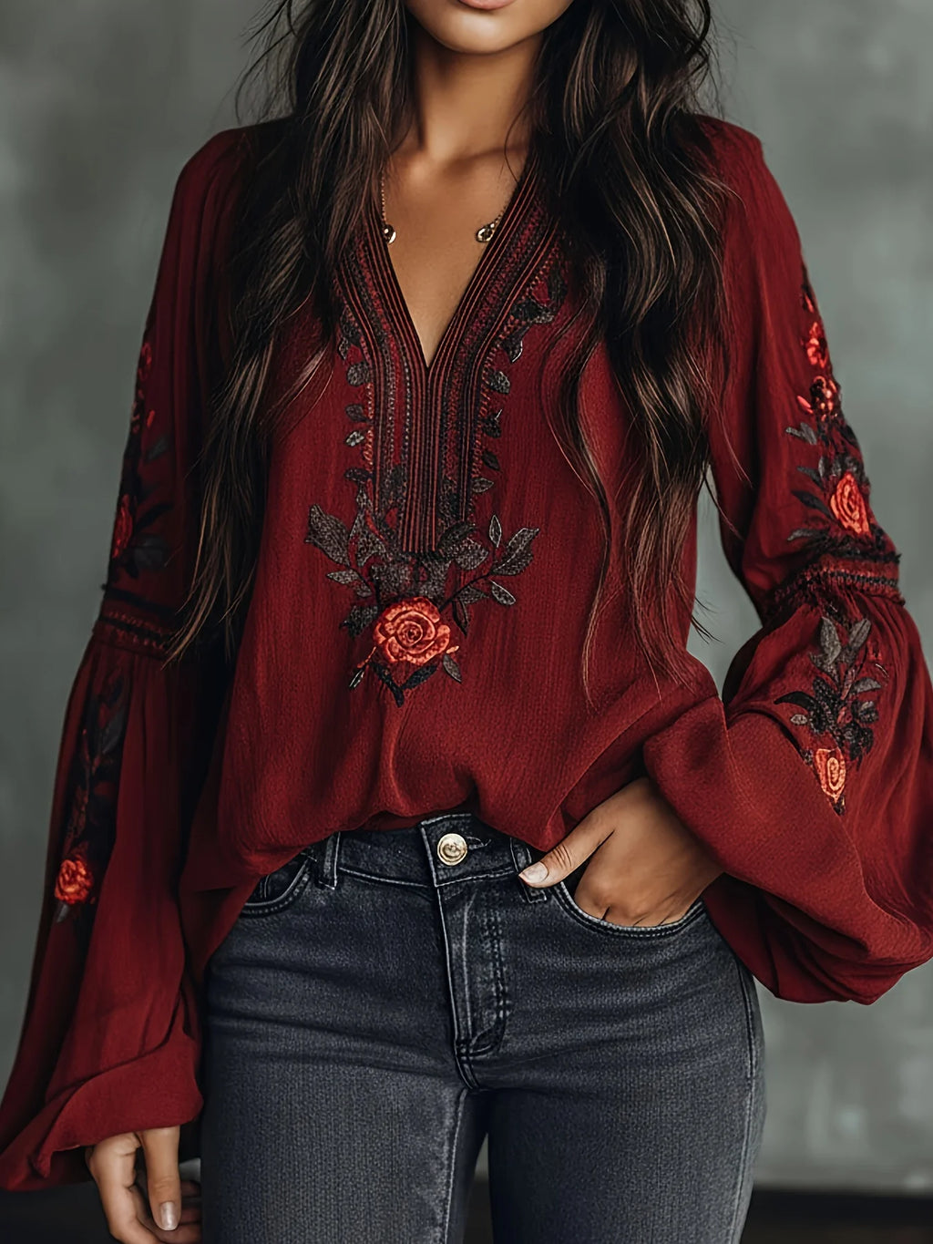Plus Size Boho Floral Embroidery Blouse