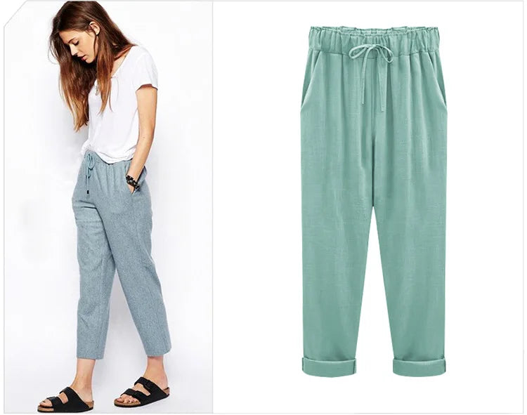Cotton Linen Pants, Elastic Mid Waist Ankle, Female Slacks Size M-5XL 6XL 7XL 8XL