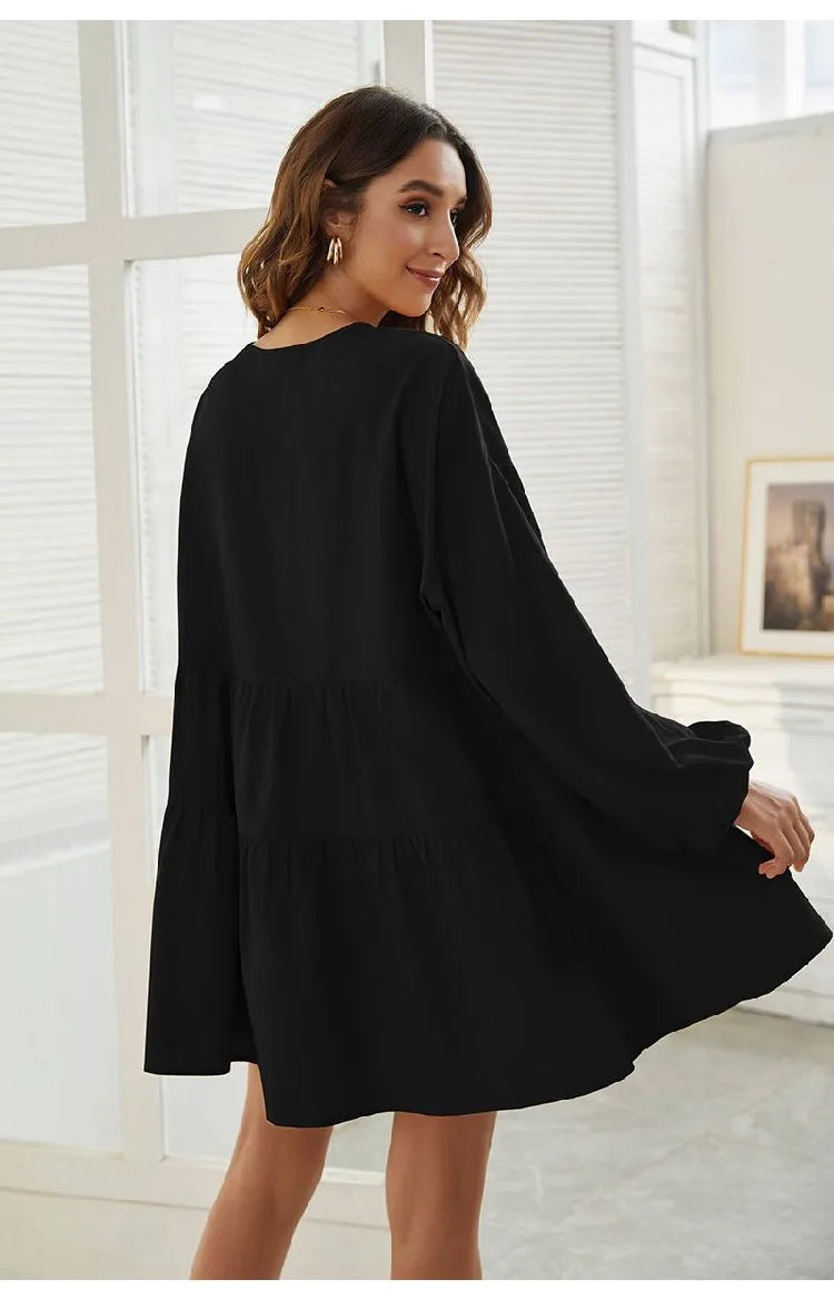 Women's Loose V-Neck Casual Long Sleeve Dress