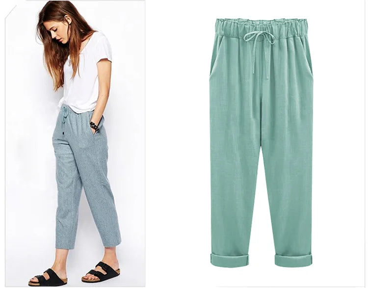 Cotton Linen Pants, Elastic Mid Waist Ankle, Female Slacks Size M-5XL 6XL 7XL 8XL