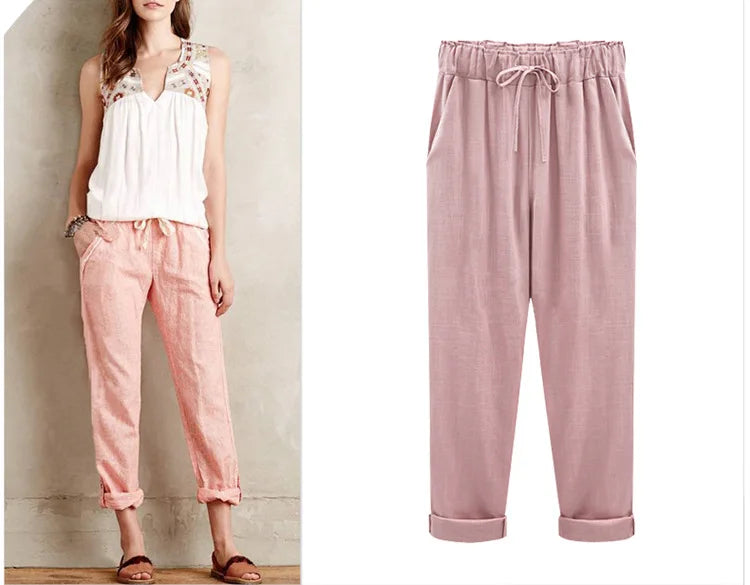 Cotton Linen Pants, Elastic Mid Waist Ankle, Female Slacks Size M-5XL 6XL 7XL 8XL