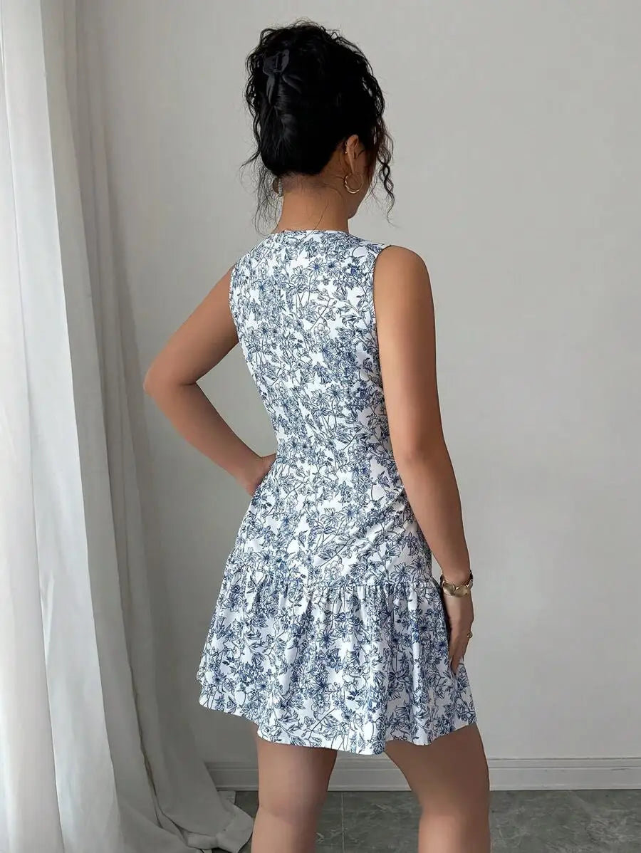 Spring/Summer Boho And French-Style Blue And White Floral Dress