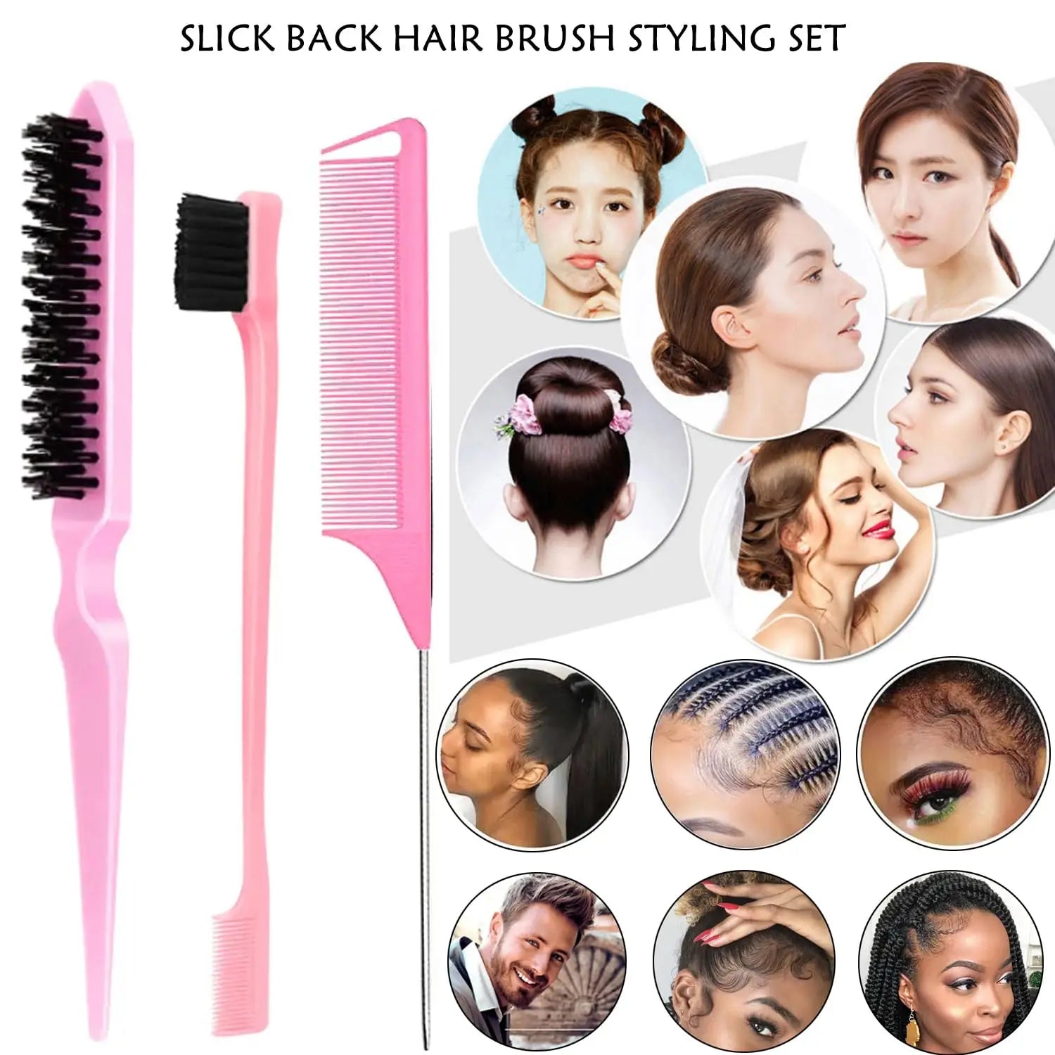 4Pcs Hair Wax Stick & Slick Back Brush Set for Fly aways, Wigs, and Styling - Pink