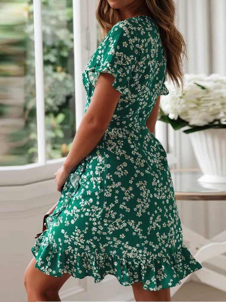 Boho Floral Print Ruffles Women Dress Summer