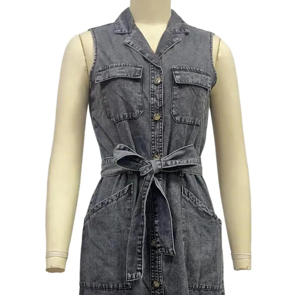 Women Sleeveless Long Belted Waist Cinching Single Button Denim Dress