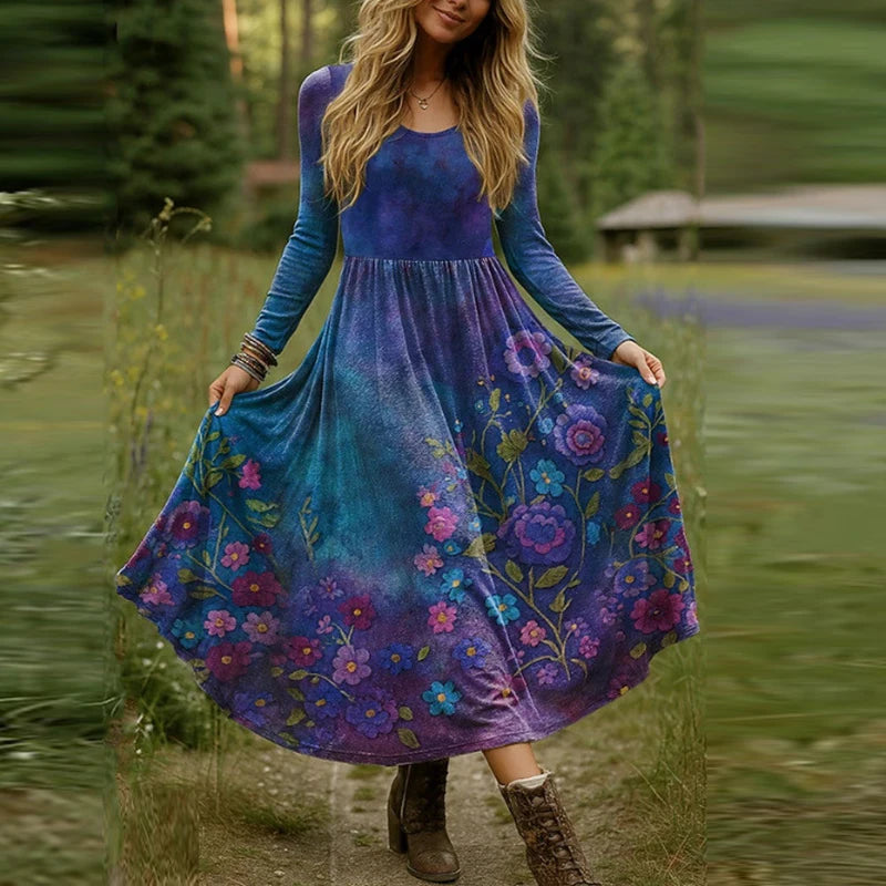 Plus Size Women Dress Boho O Neck Long Sleeve A-line Party Dresses