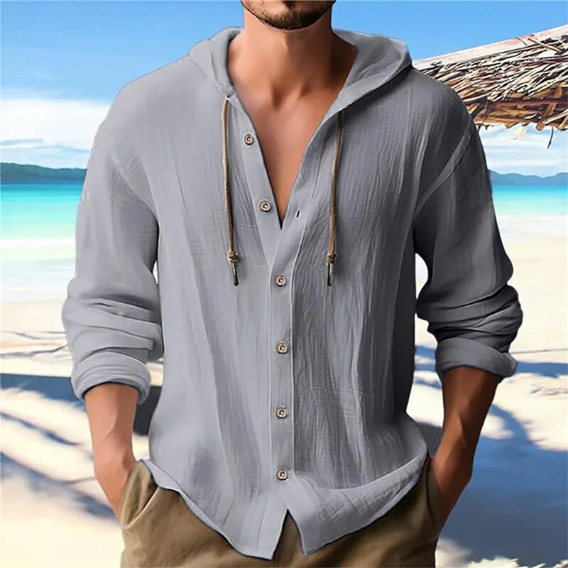 Men's solid color casual shirt, hooded drawstring