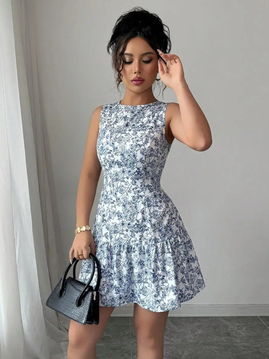 Spring/Summer Boho And French-Style Blue And White Floral Dress