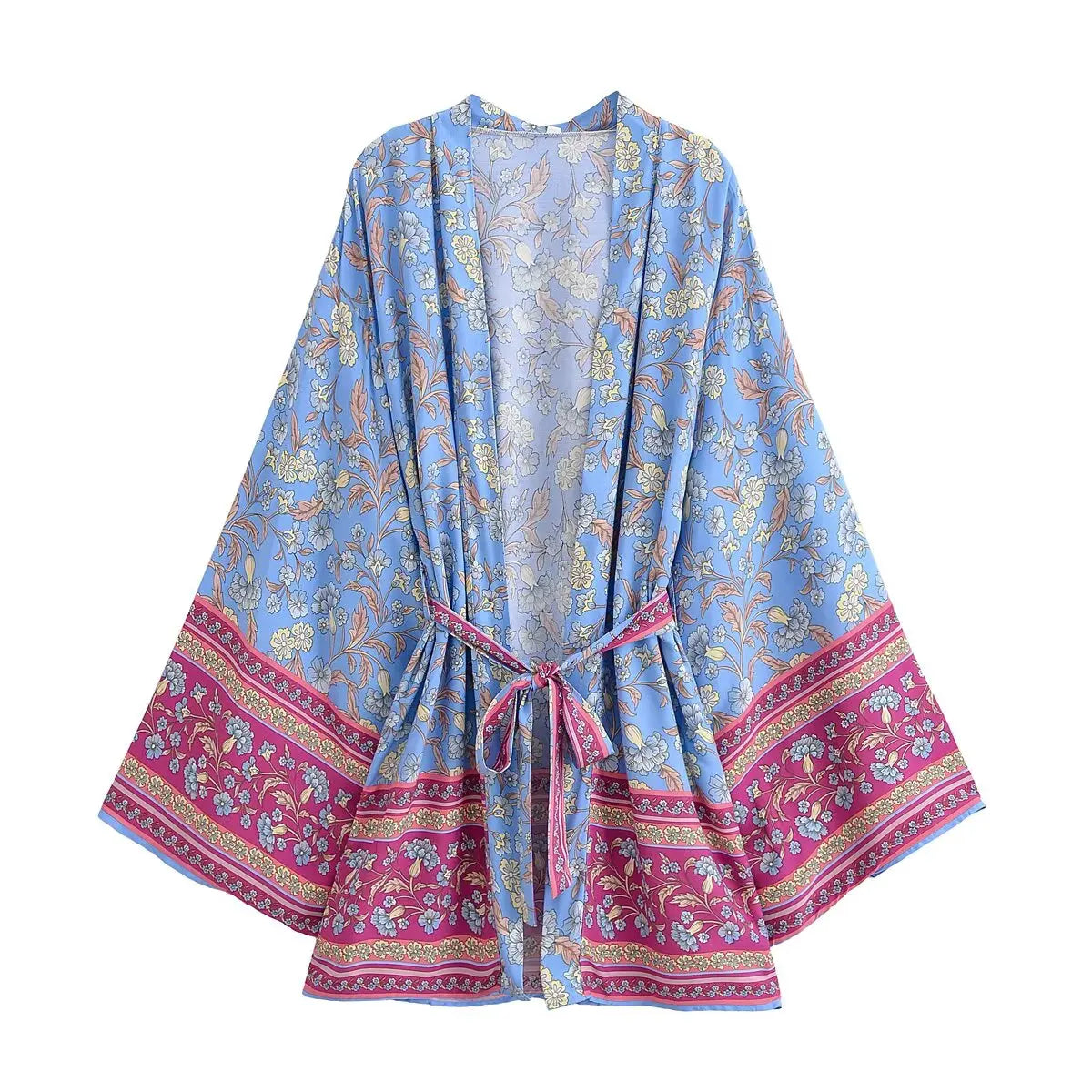 BOHO Women Light Blue Contrast Floral Print Kimono Shirt