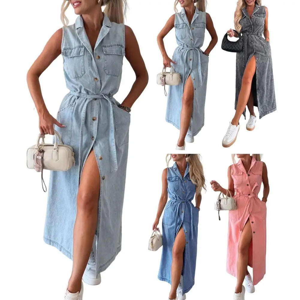 Women Sleeveless Long Belted Waist Cinching Single Button Denim Dress