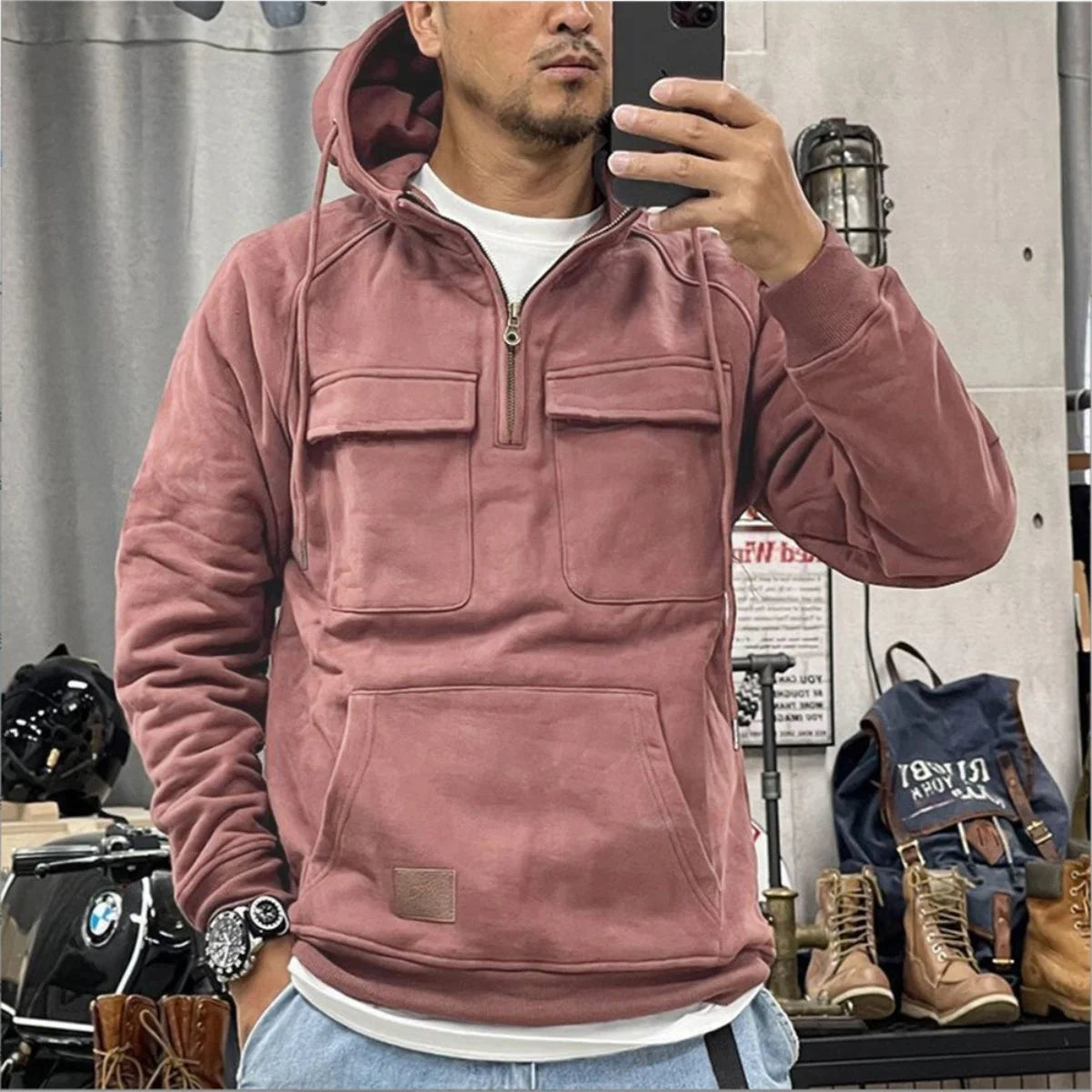 Men's hooded solid-color casual hoodie