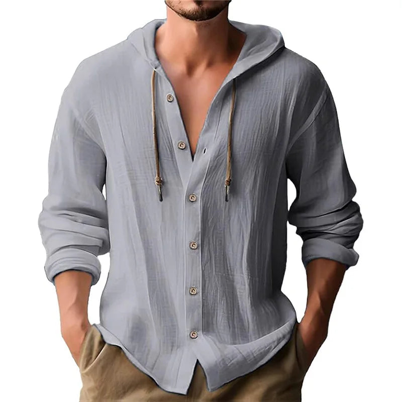 Men's solid color casual shirt, hooded drawstring