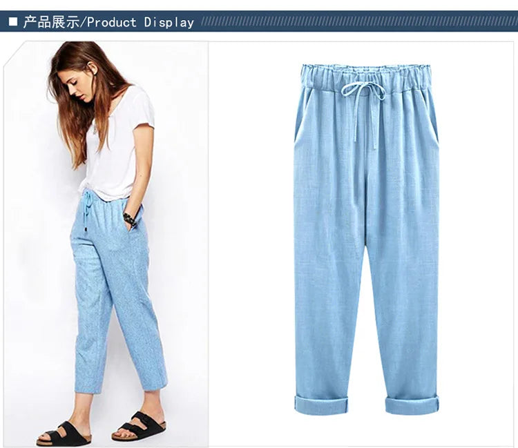 Cotton Linen Pants, Elastic Mid Waist Ankle, Female Slacks Size M-5XL 6XL 7XL 8XL