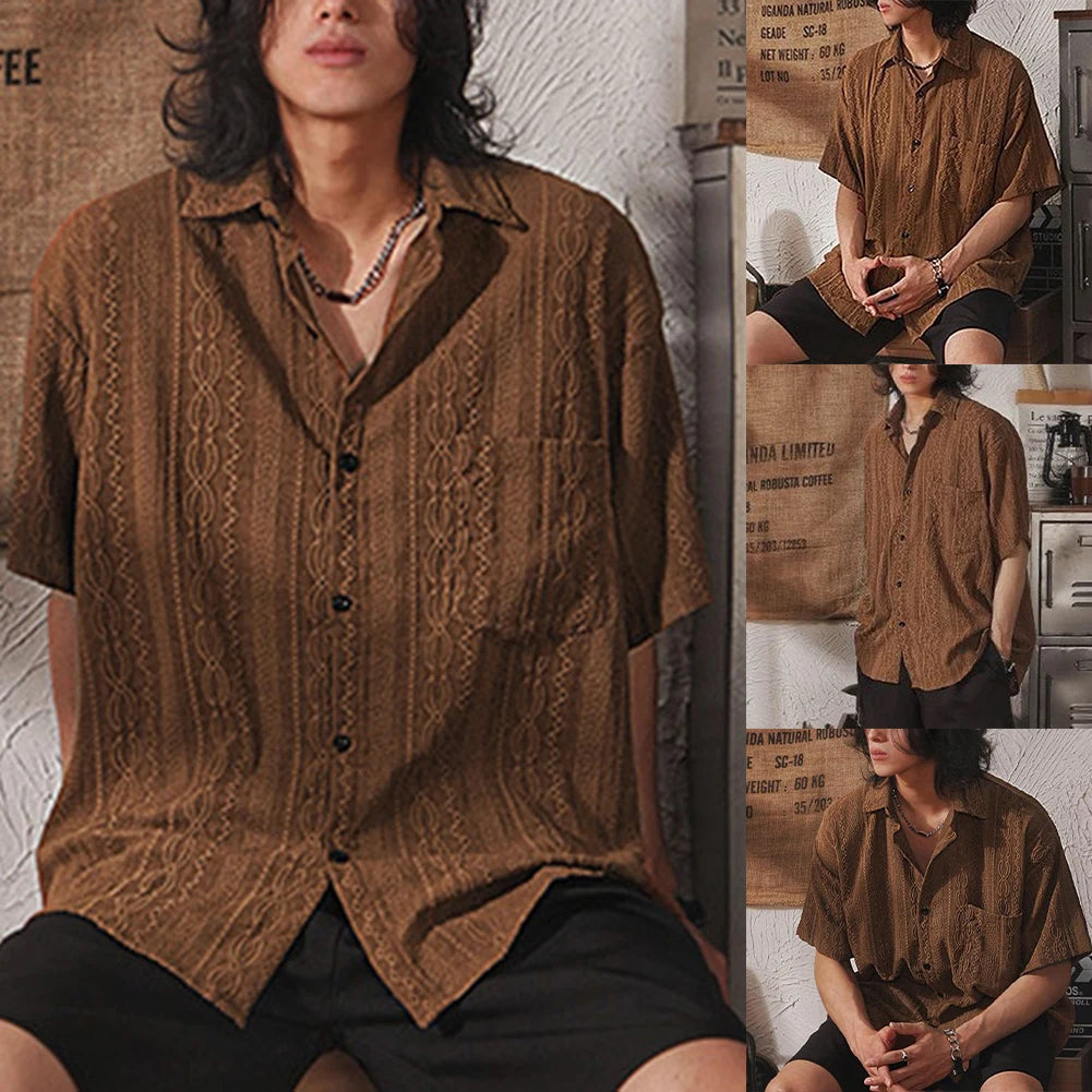 Men Casual Loose Hollow Out Short Sleeve Shirt