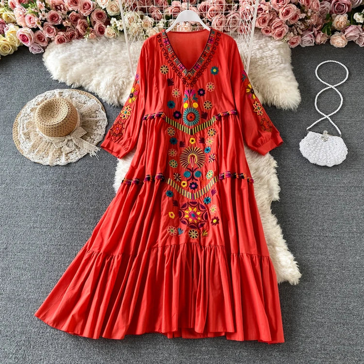 Vintage Women Floral Embroidery Beach Dress