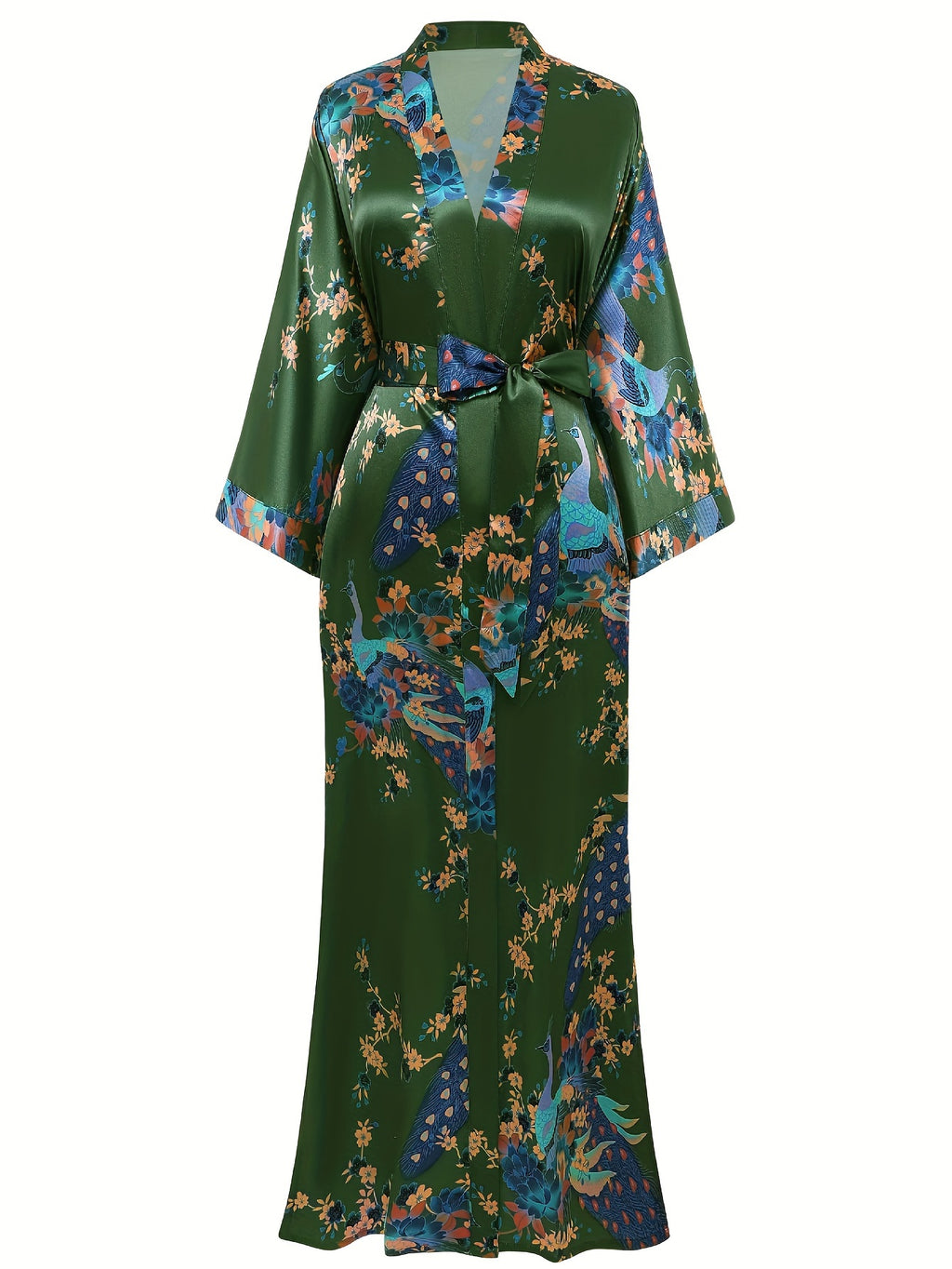 Women's Kimono Robe Long Satin Robes with Peacock/Blossoms Kimono Gown
