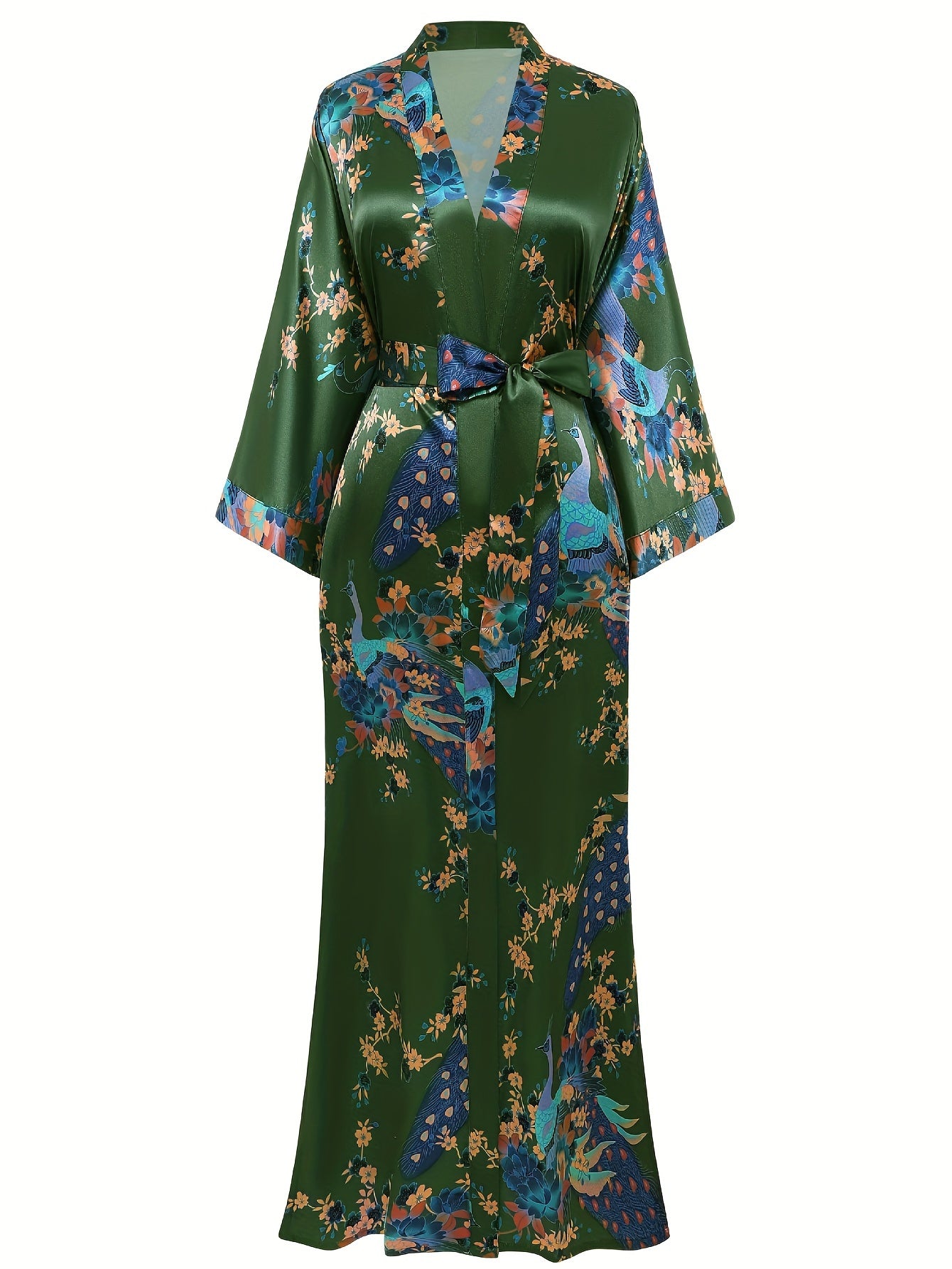 Women's Kimono Robe Long Satin Robes with Peacock/Blossoms Kimono Gown