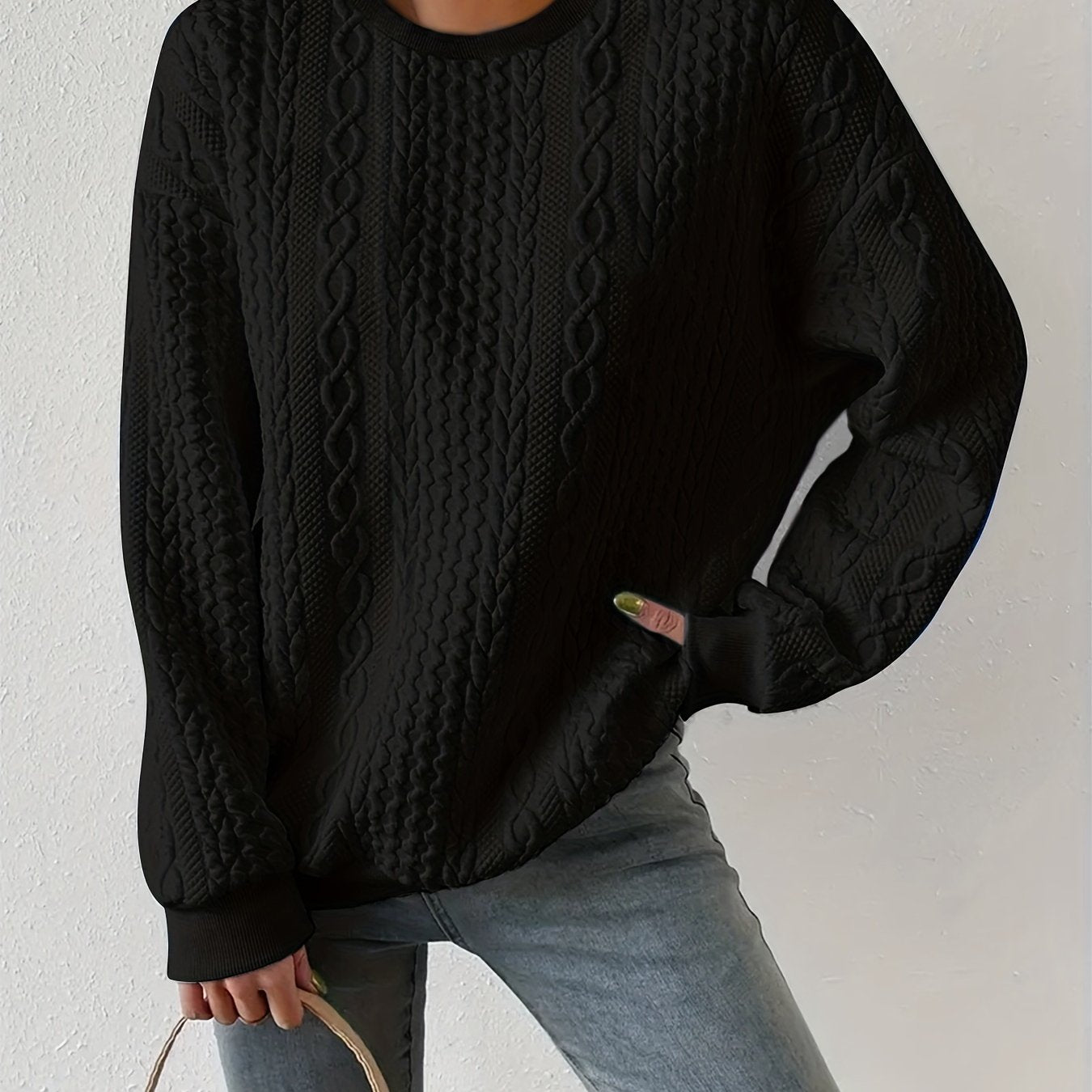 Loose Fit Women's Casual Textured Round Neck Pullover Sweatshirt