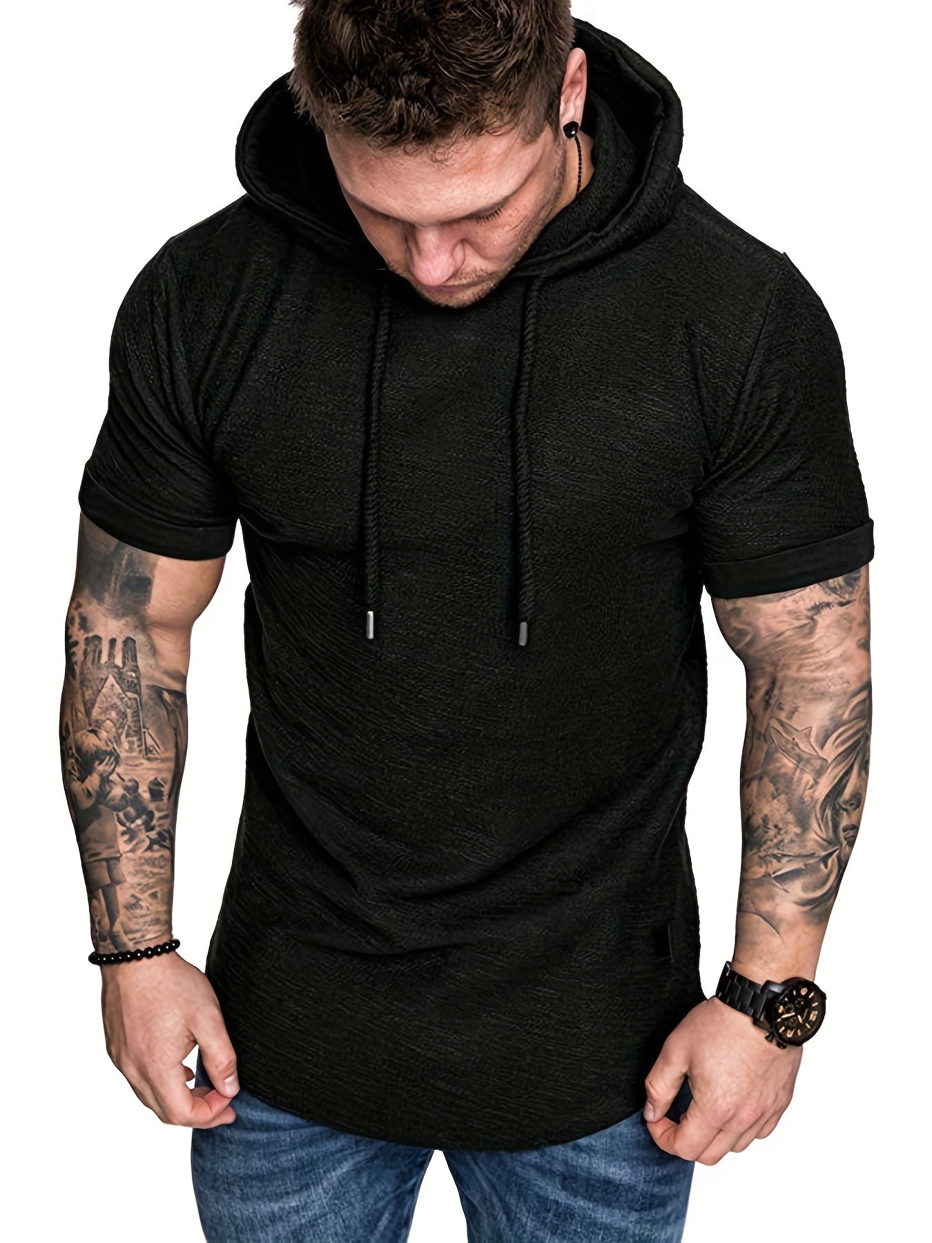 Comfort-Fit Men's Short Sleeve Hoodie - Breathable Knit T-shirt