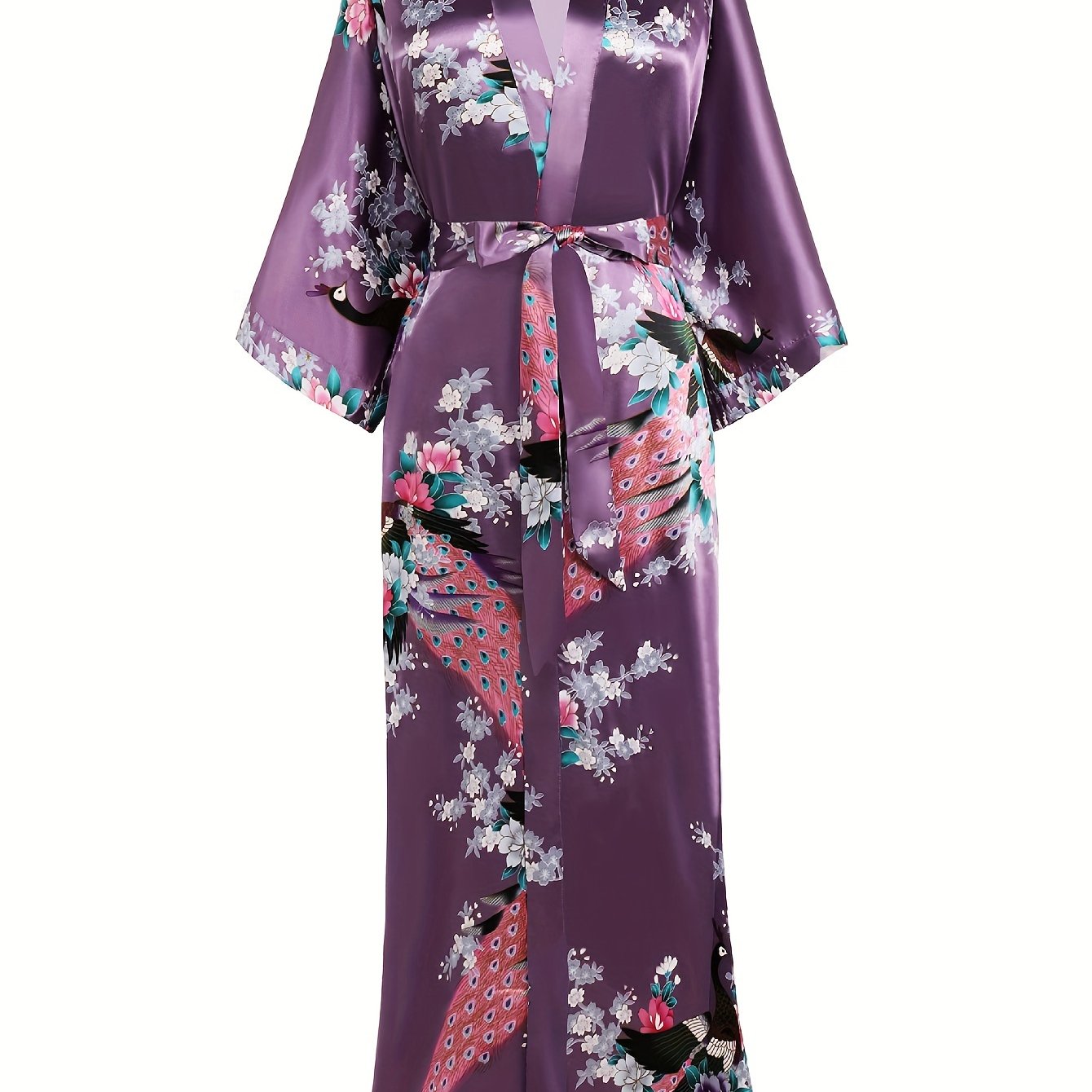 Women's Kimono Robe Long Satin Robes with Peacock/Blossoms Kimono Gown