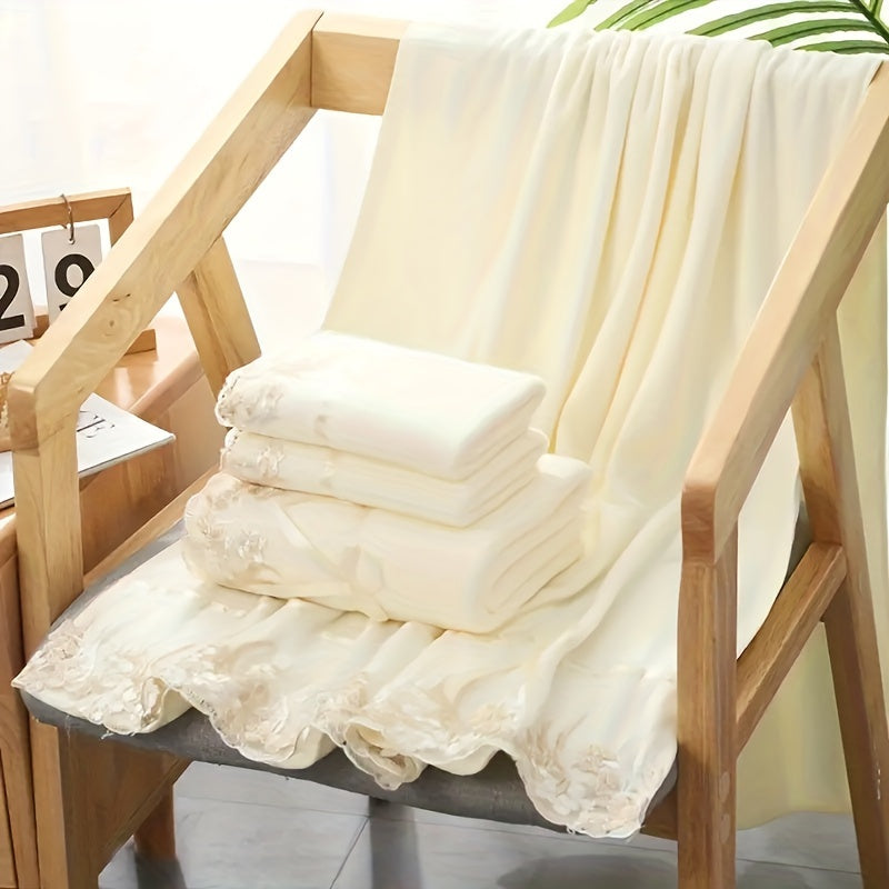 4pcs Floral Embroidered Towel Set, Ultra-Fine Fiber Towels