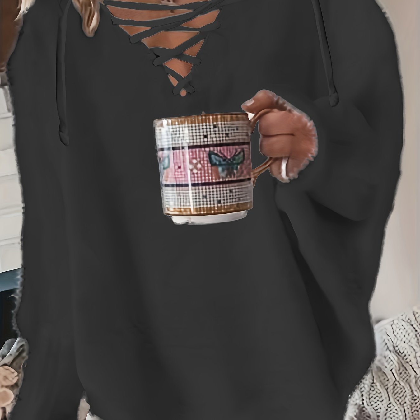 Women's Plus Size Casual V-Neck Knit Sweater with Batwing Sleeves