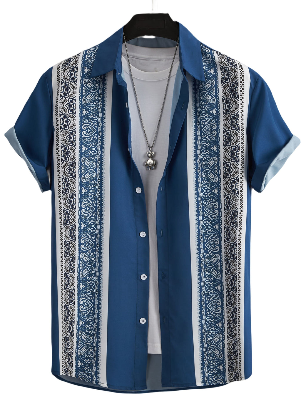 Bohemian Stripe Pattern, Men's Color Block Short Sleeve Lapel Shirt