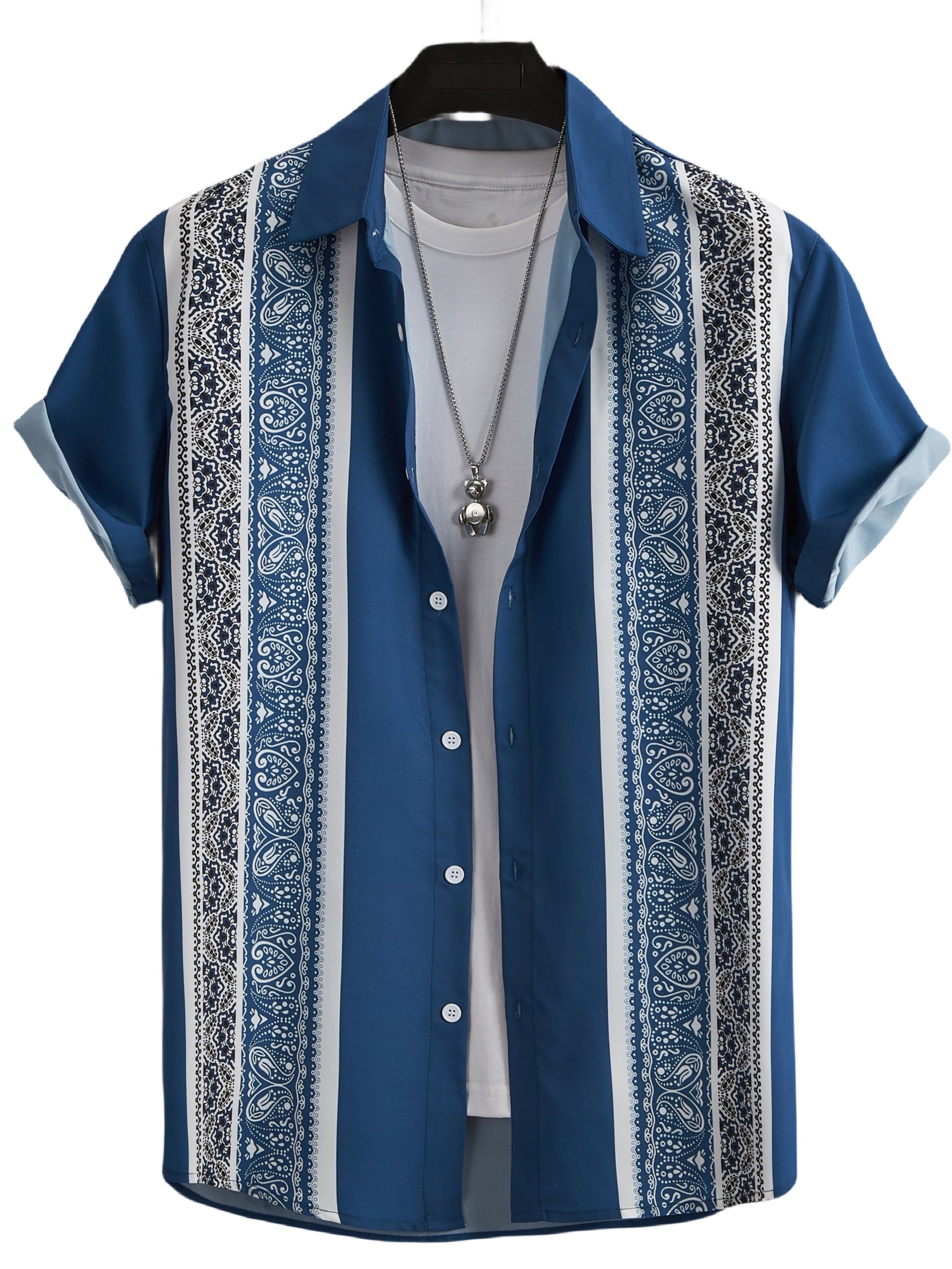 Bohemian Stripe Pattern, Men's Color Block Short Sleeve Lapel Shirt