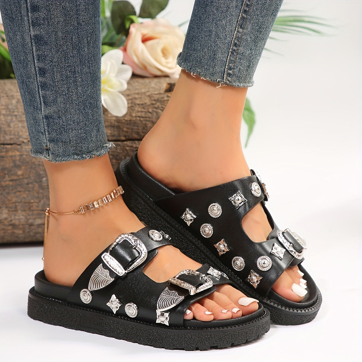 Women's Round-Toe Mule Fashion Double Buckle Platform
