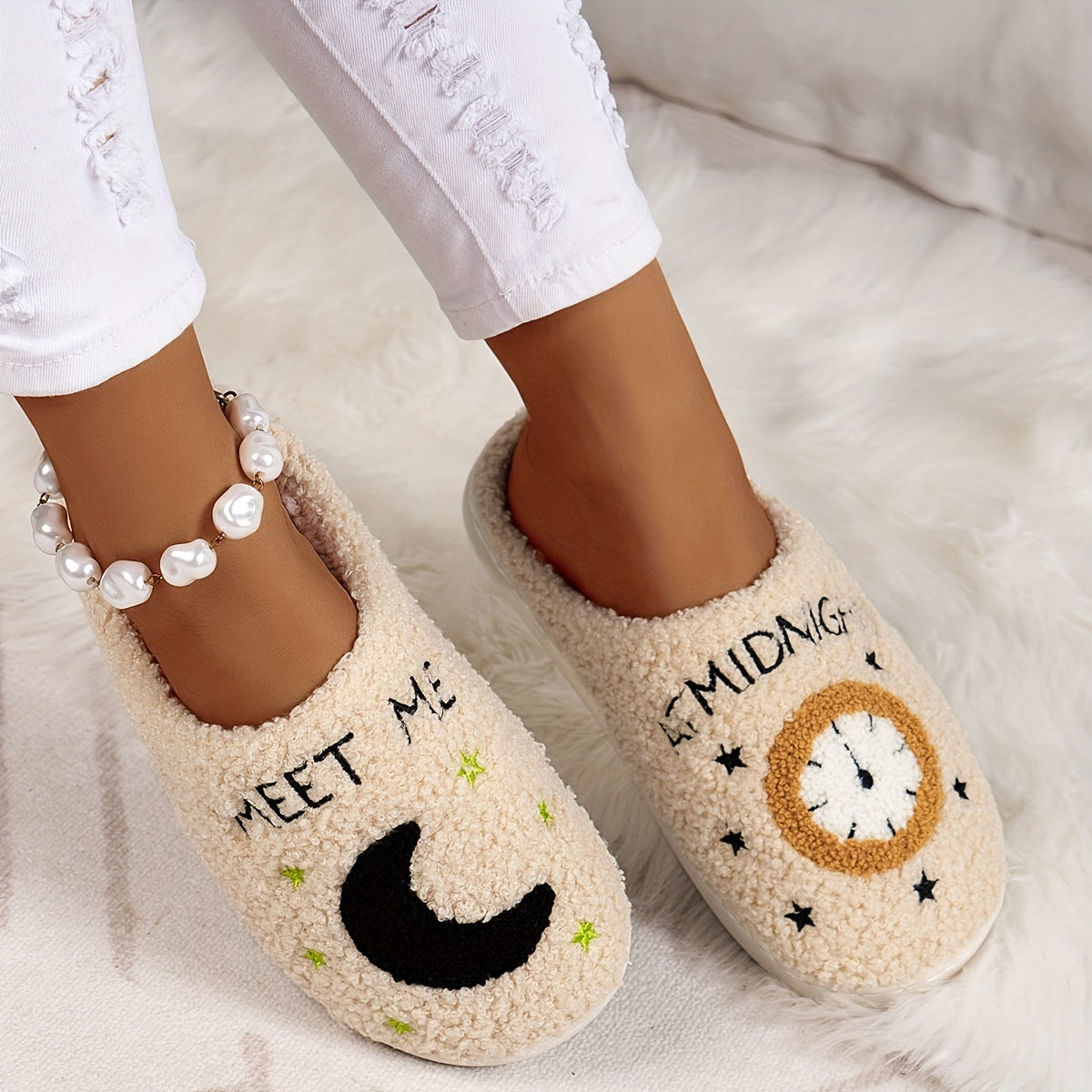 Cozy Women's Midnight Moon Clock Closed Toe Fuzzy Slippers