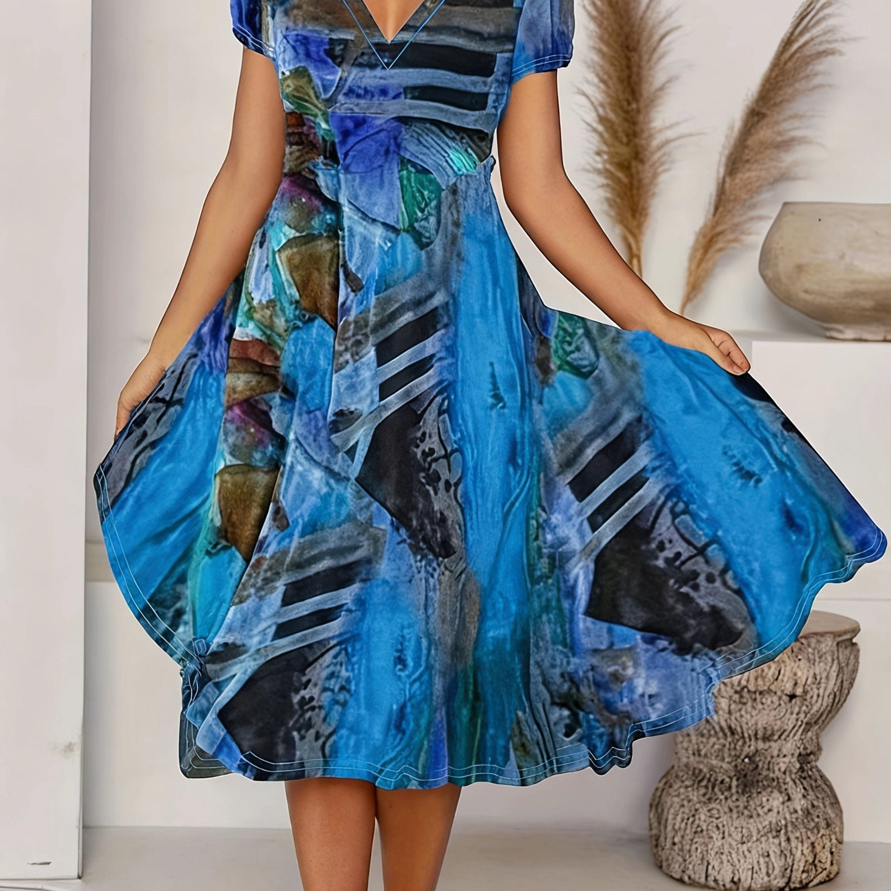 Women's Bohemian V-Neck Short Sleeve A-Line Dress