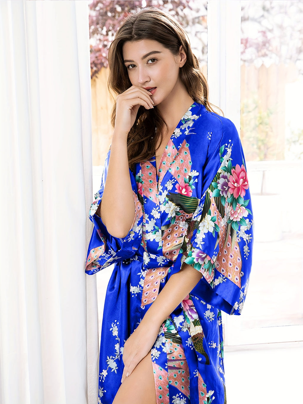 Women's Kimono Robe Long Satin Robes with Peacock/Blossoms Kimono Gown